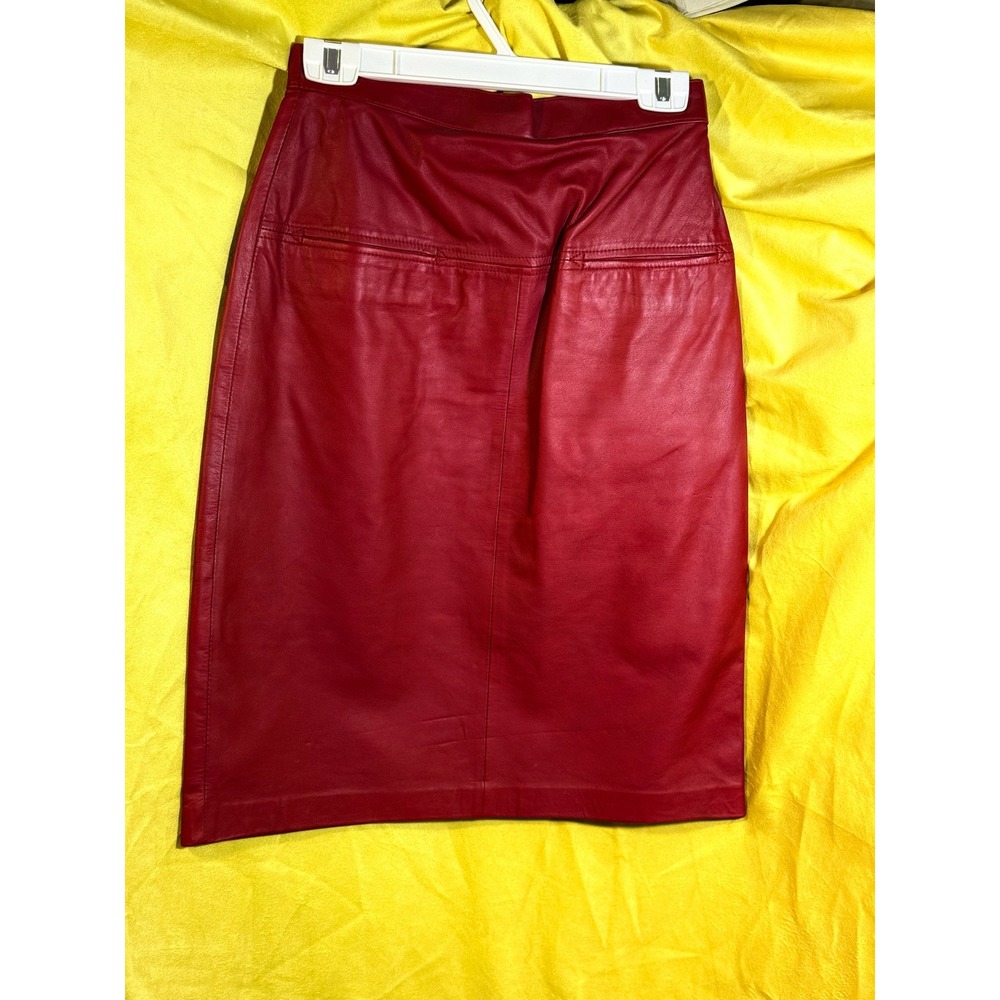 Avanti Vintage Red Leather Pencil Skirt High Waisted Pleated Midi Size 10 Korea